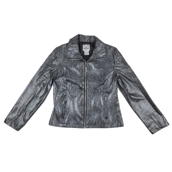 Vintage Y2K Club Kids Metallic Snake Print Moto Jacket & Skirt Set Silver Black - Picture 2 of 16